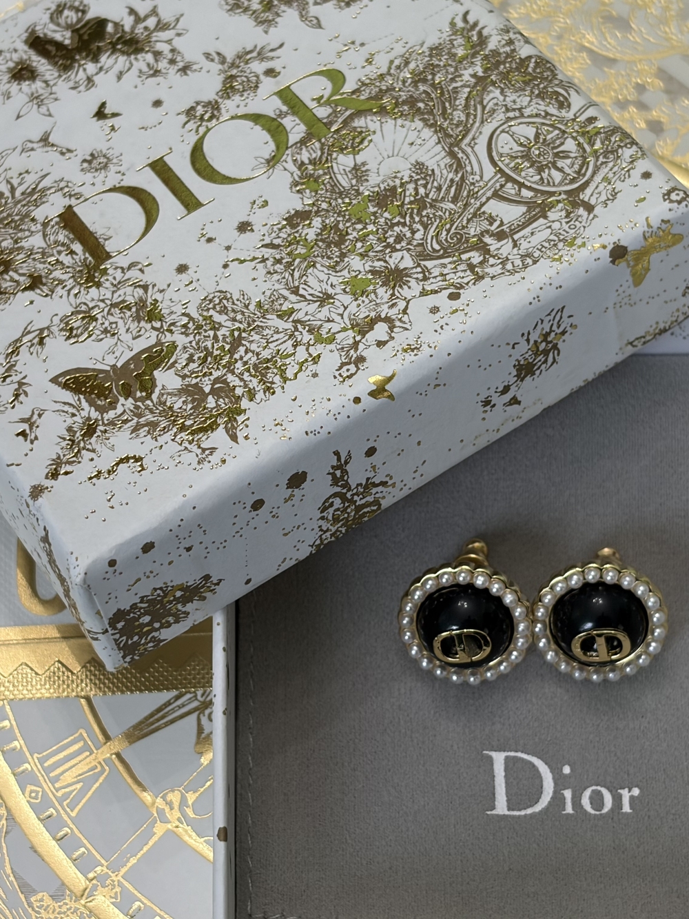 Dior Black Pearl-Trim CD Earrings